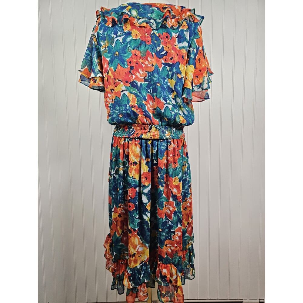 Duro Olowu Floral Chiffon Ruffle Dress Women's L Midi Rouched Waist Gorgeous - Picture 5 of 7